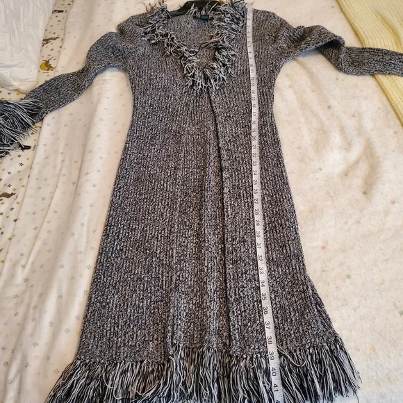 Tomfoolery Open Front Fringe Trim Long Sweater Cardigan, M, Black & White - Picture 7 of 10